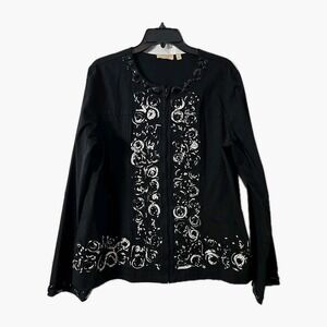 Choices Womans Black Denim Jacket With Beads & Florial Design Zipup Size Large